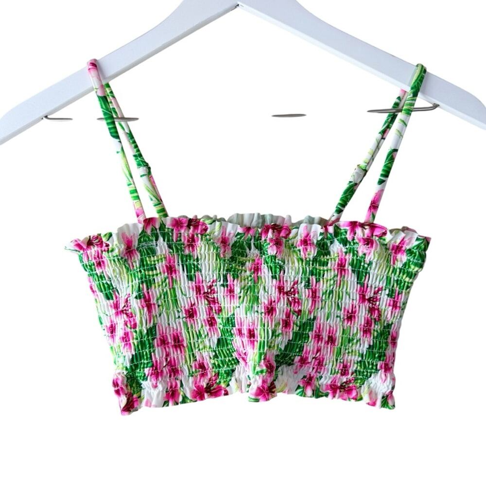 Cabana del Sol Floral Swim Top Green Pink White Elastized Top Sz L